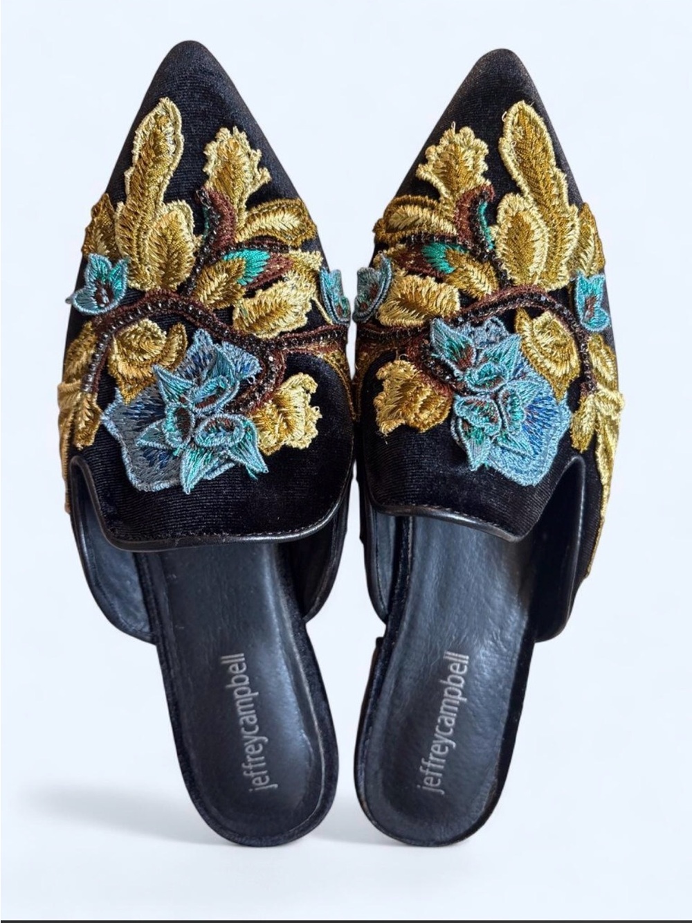 Jeffrey Campbell Black Velvet Pointed Mules with Gold & Teal Floral Embroidery
